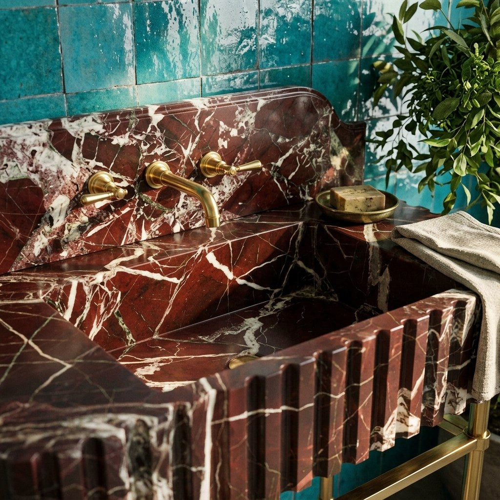 Cherry Red Fluted Marble Sink with Backsplash and Brass Stand — premium — view 2