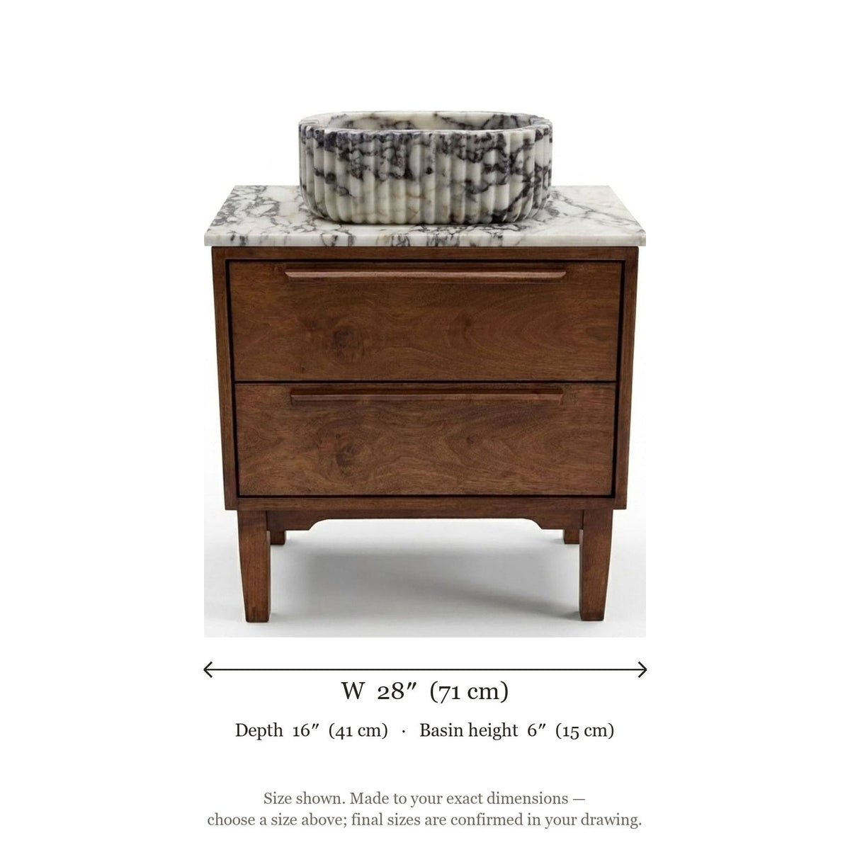 Calacatta Viola Fluted Marble Sink with Wood Vanity — dimensions — view 5
