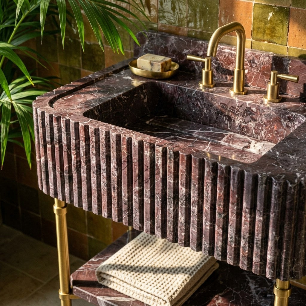 Rosso Levanto Fluted Marble Sink with Brass Stand — premium — view 2