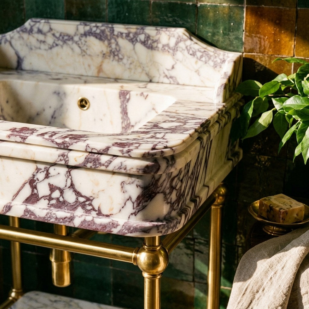 Calacatta Viola Honed Marble Sink with Brass Stand — premium — view 2