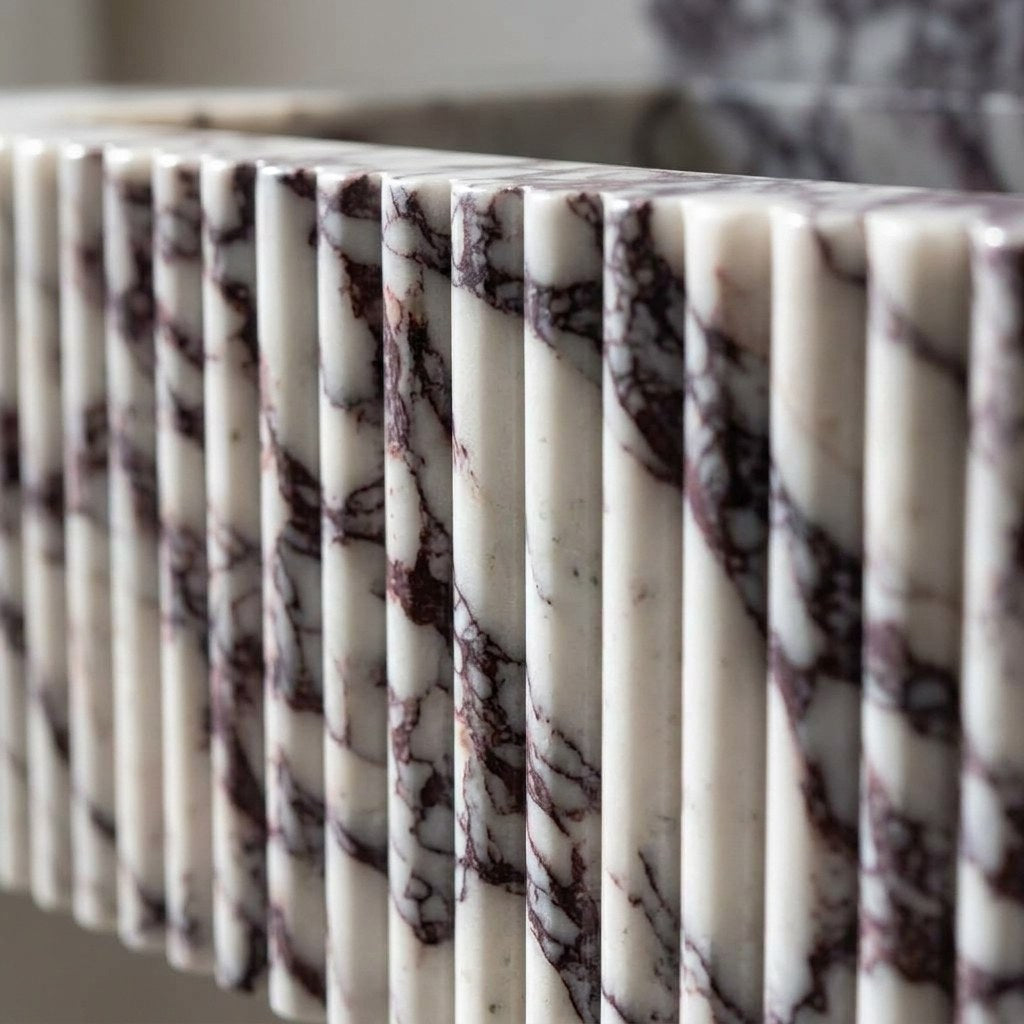 Calacatta Viola Fluted Marble Sink with Backsplash — marble detail — view 3