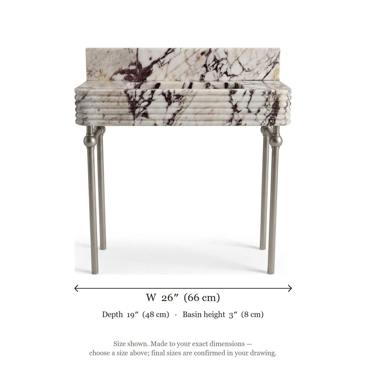 Calacatta Viola Fluted Marble Console Sink with Brushed Steel Stand — dimensions — view 5