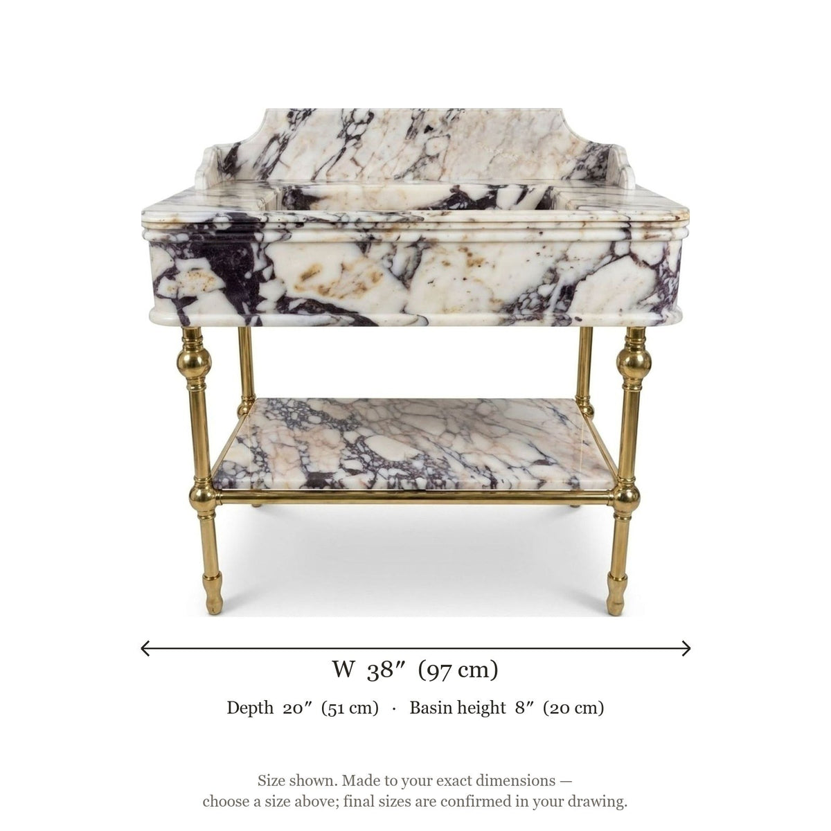 Calacatta Viola Marble Sink with Brass Gold Stand — dimensions — view 5