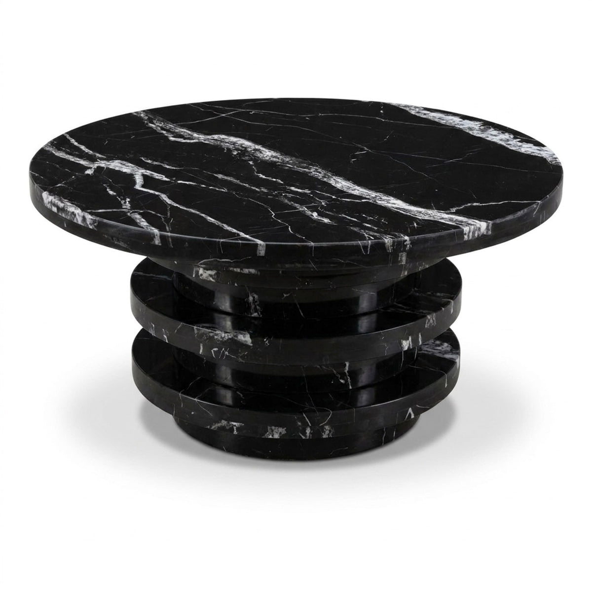 Nero Marquina Marble Round Table with Tiered Pedestal Base