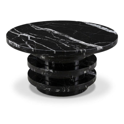 Nero Marquina Marble Round Table with Tiered Pedestal Base