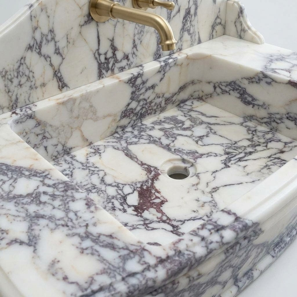 Calacatta Viola Honed Marble Sink with Backsplash — detail — view 3