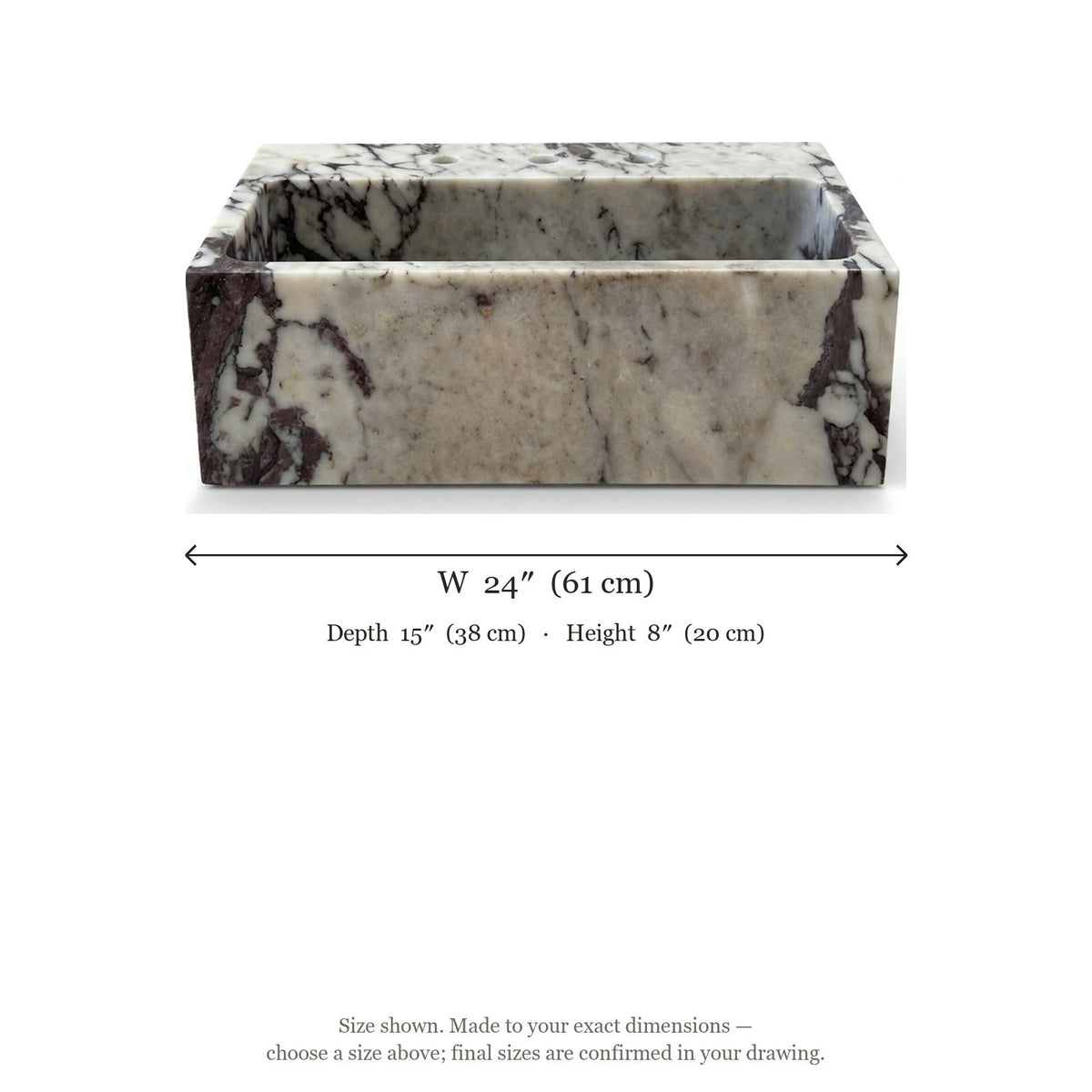 Calacatta Viola Polished Marble Sink with 3 Faucet Holes — dimensions — view 5