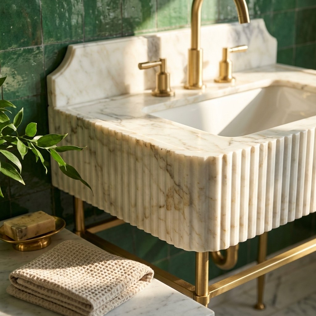 Calacatta Gold Fluted Marble Sink with Brass Stand — premium — view 2