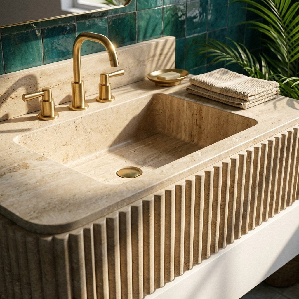 Polished Travertine Fluted Sink with Backsplash — premium — view 2