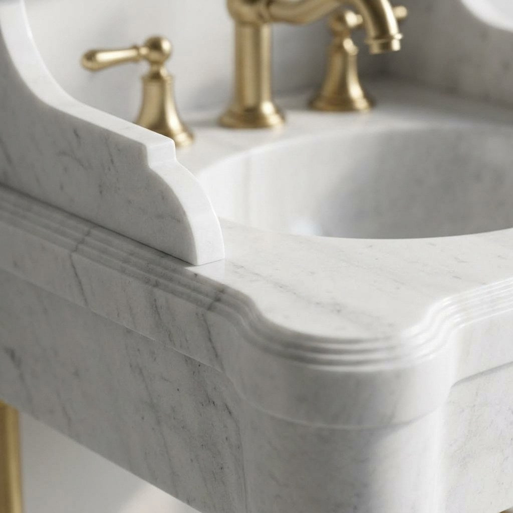 Carrara Marble Console Sink with Brass Stand and Backsplash — marble detail — view 3