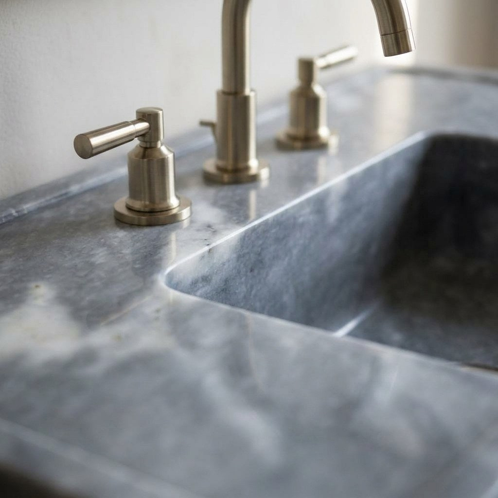 Grey Polished Marble Sink with 3 Faucet Holes — marble detail — view 3
