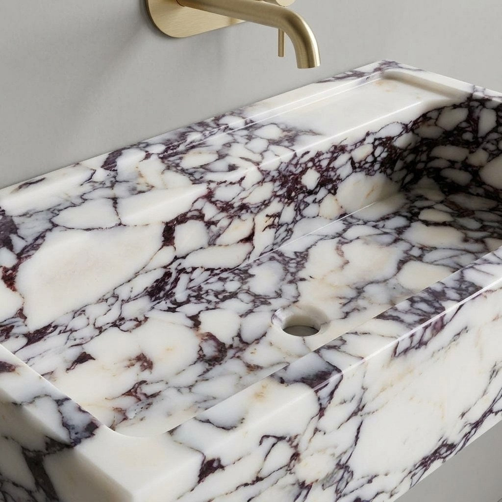 Calacatta Viola Polished Rectangular Vessel Marble Sink — detail — view 4
