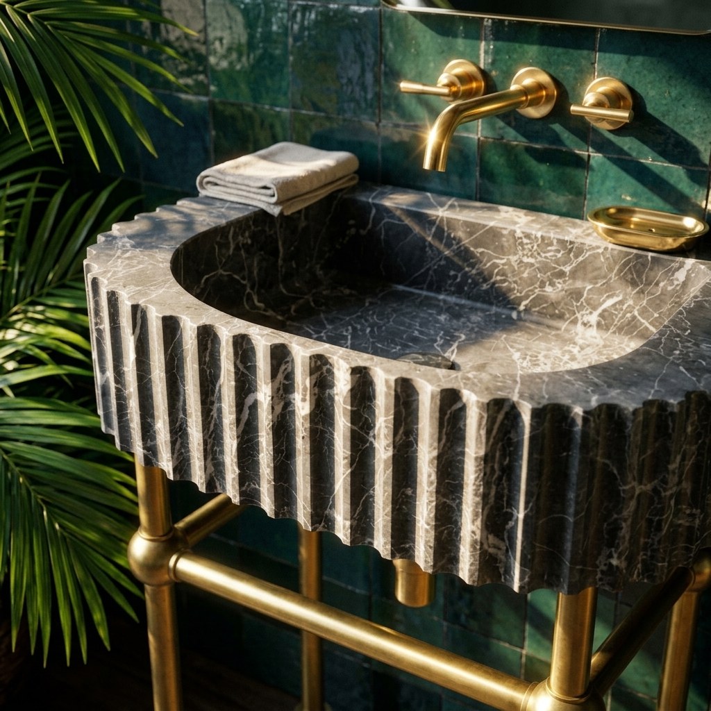Pietra Notte Fluted Marble Sink with Copper Stand — premium — view 2
