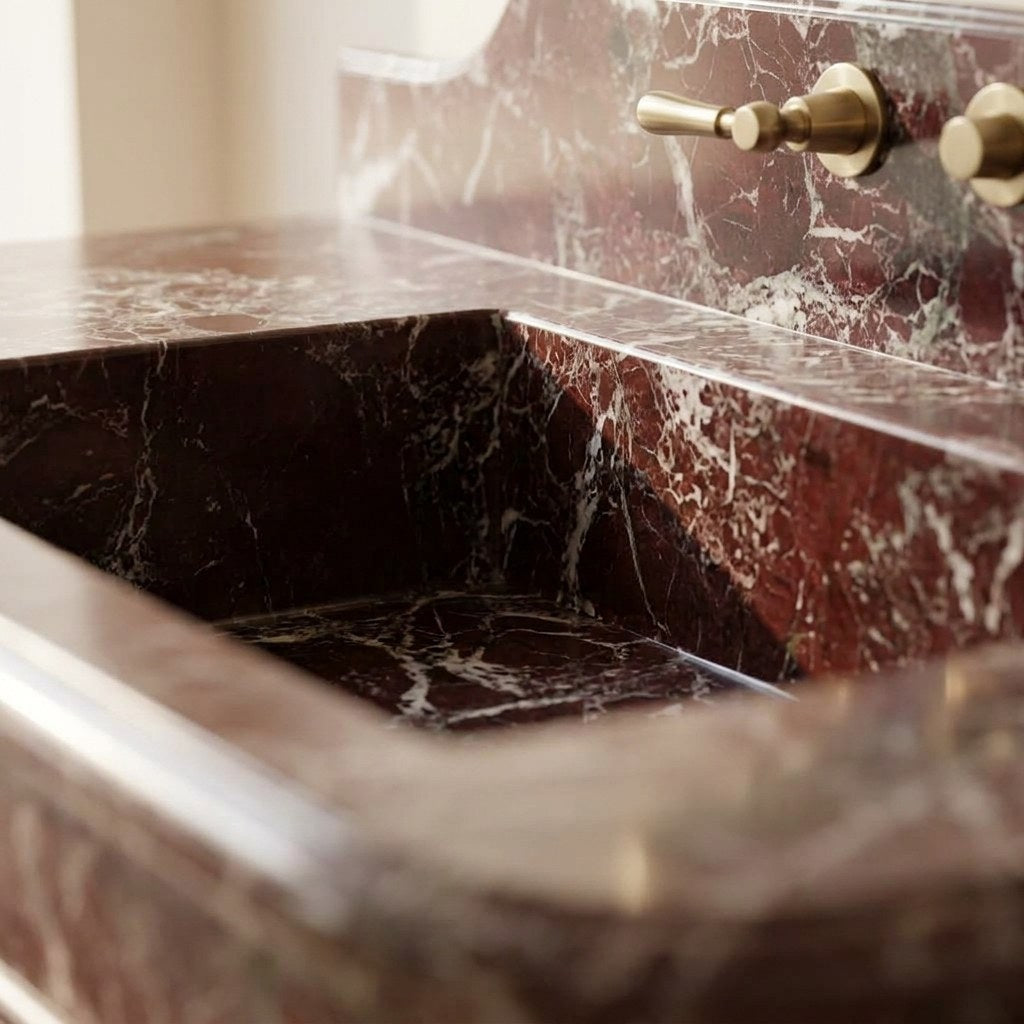 Rosso Levanto Marble Sink with Integrated Backsplash — marble detail — view 3