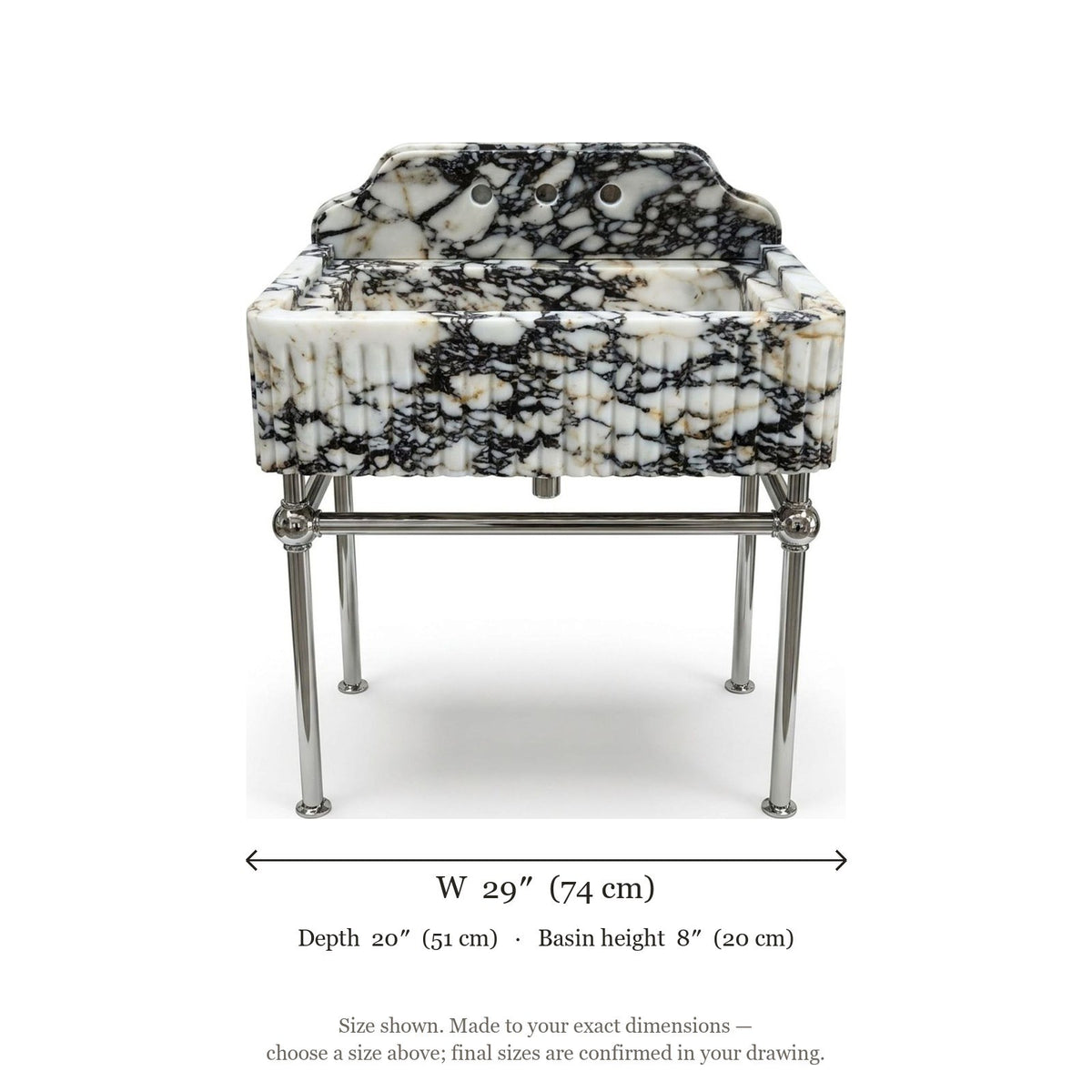 Calacatta Viola Fluted Marble Sink with Metal Stand and Backsplash — dimensions — view 4