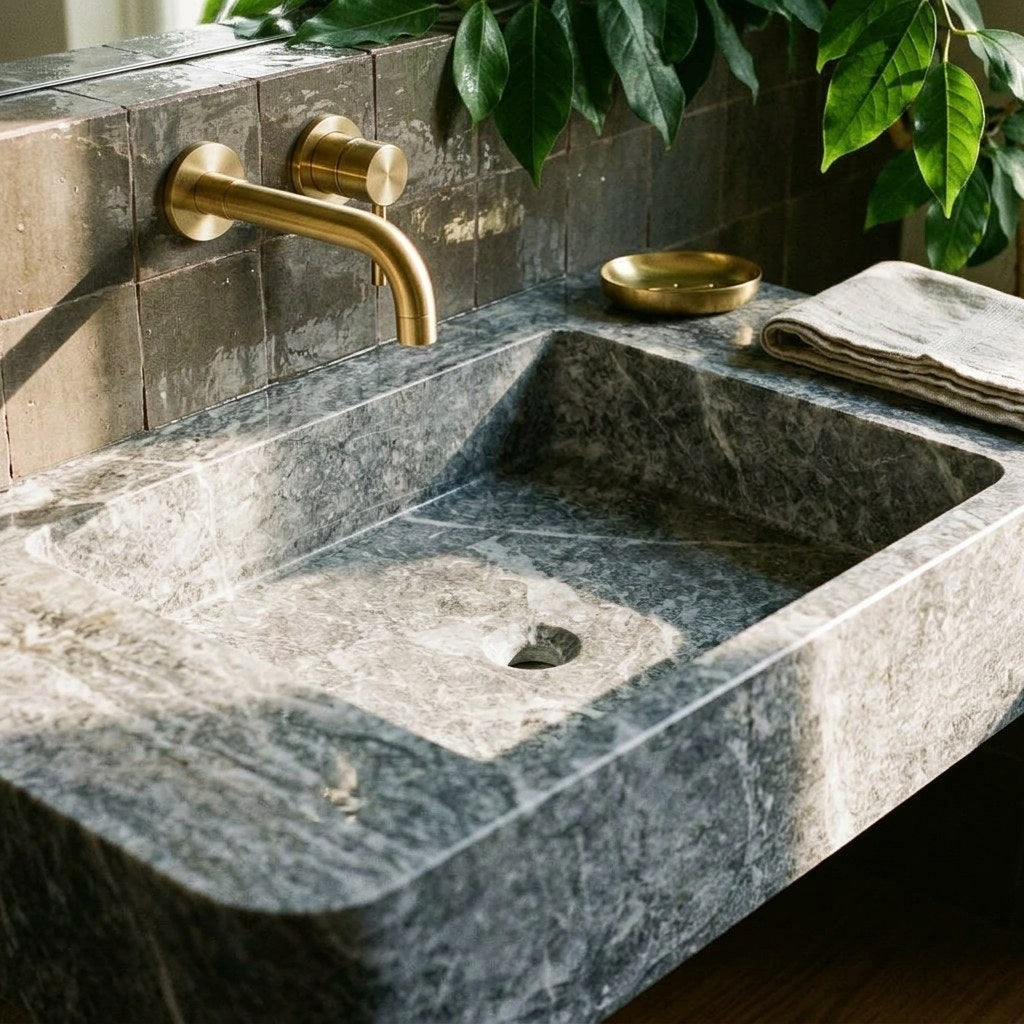 Grey Marble Rectangular Vessel Sink with Polished Finish — premium — view 2