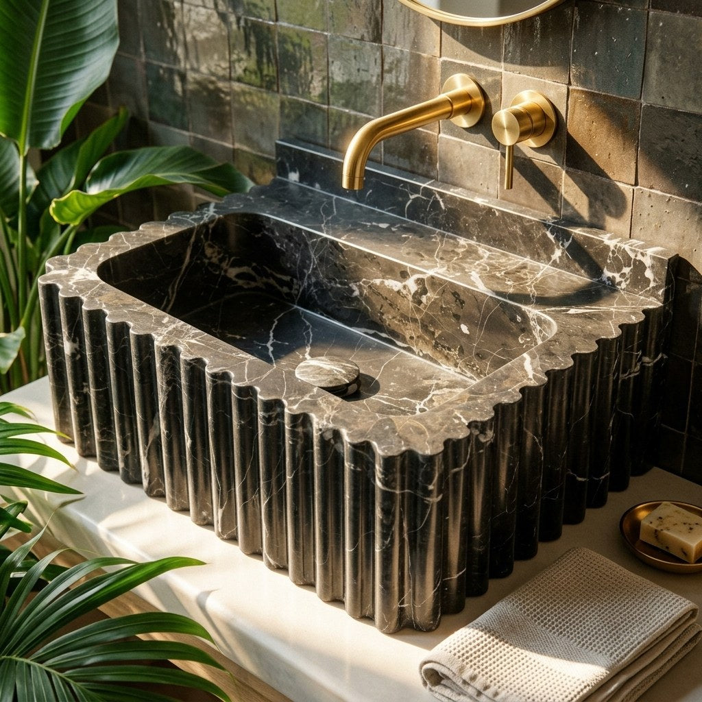 Pietra Notte Fluted Marble Sink with Backsplash — premium — view 2