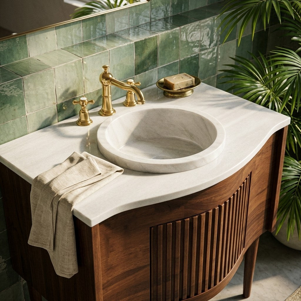 Grey Fluted Marble Vanity with Wood Cabinet — premium — view 2