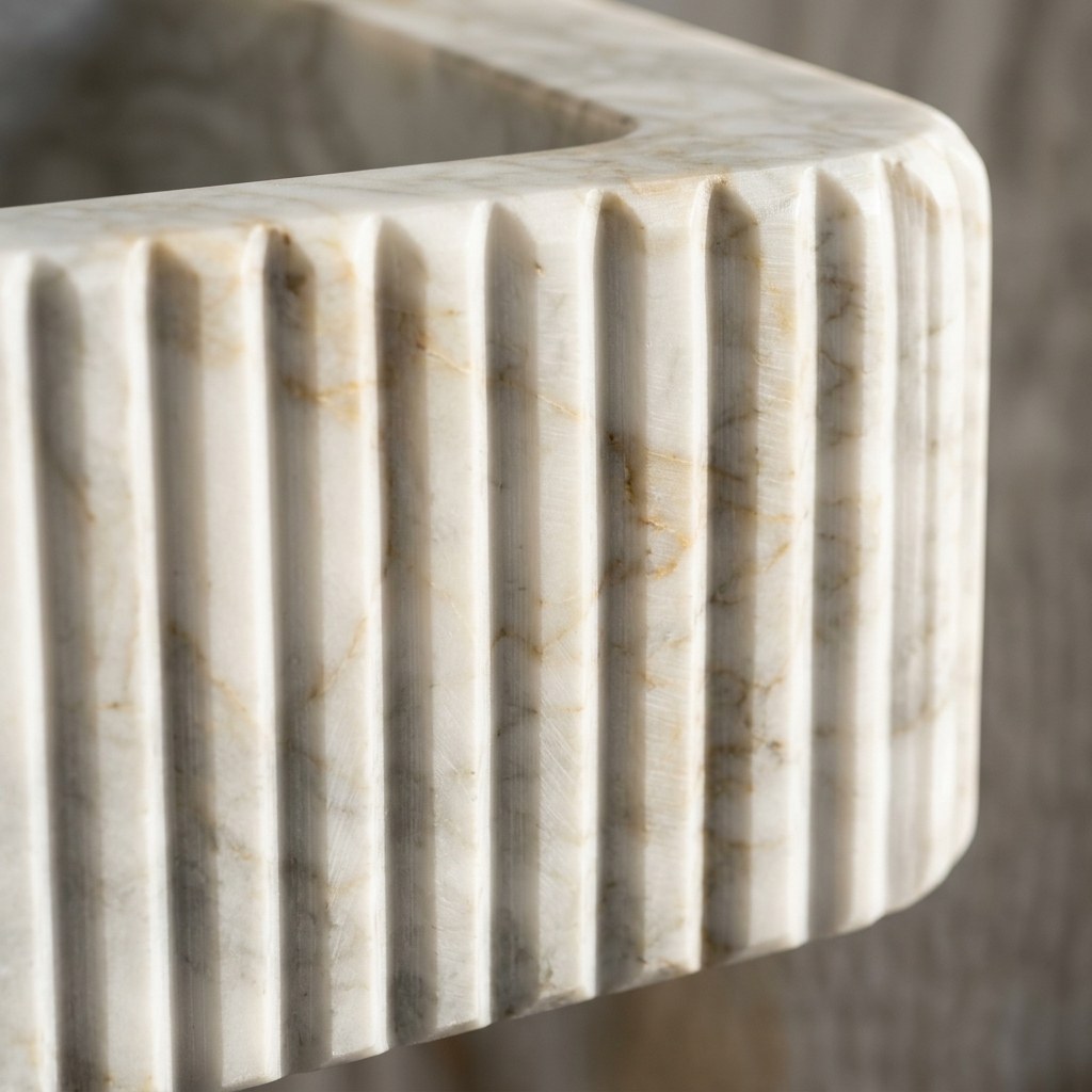 Calacatta Gold Fluted Marble Sink with Brass Stand — marble detail — view 3