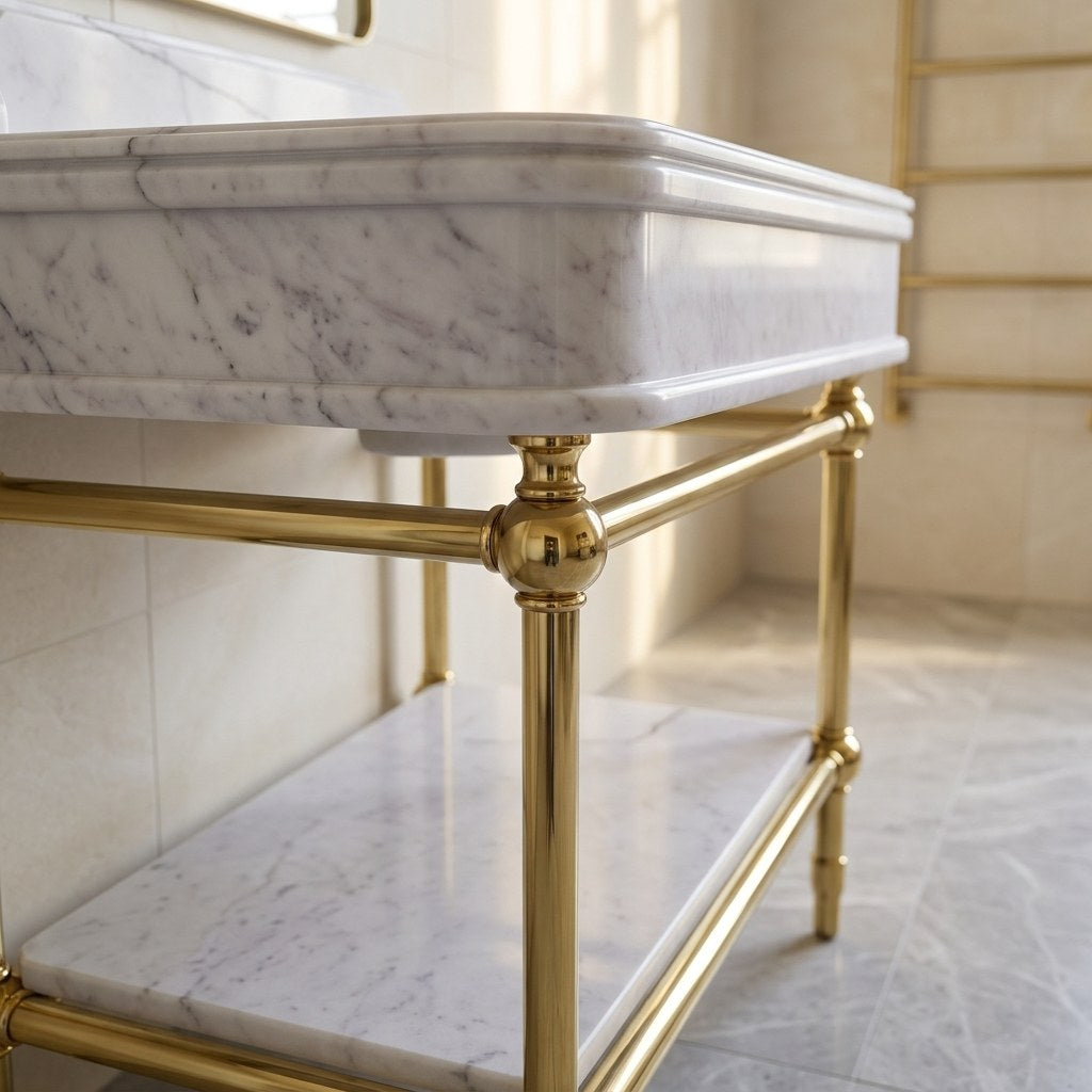 Lilac Marble Sink with Brass Stand and Backsplash — detail — view 4