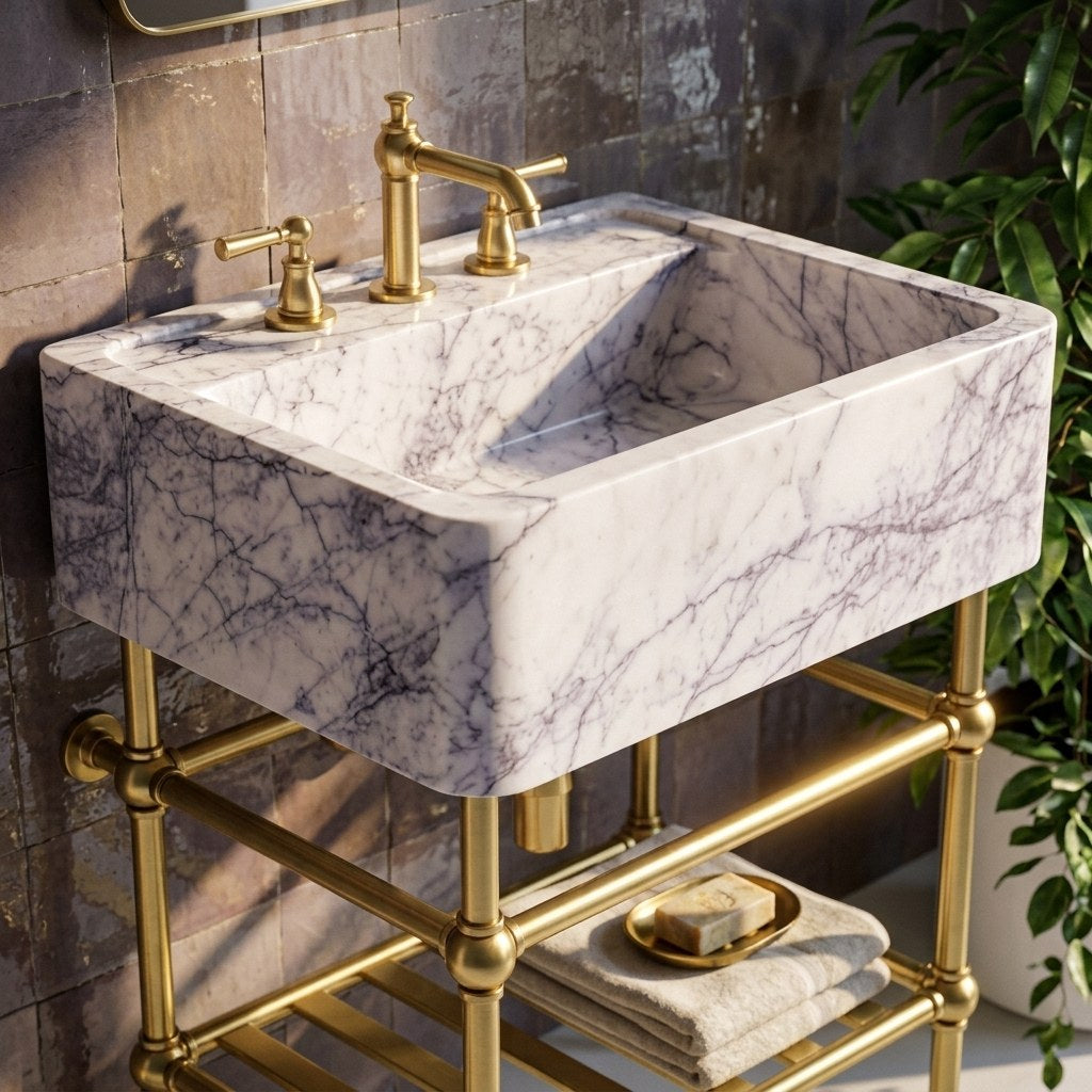 Lilac Marble Sink with Brass Stand — premium — view 2