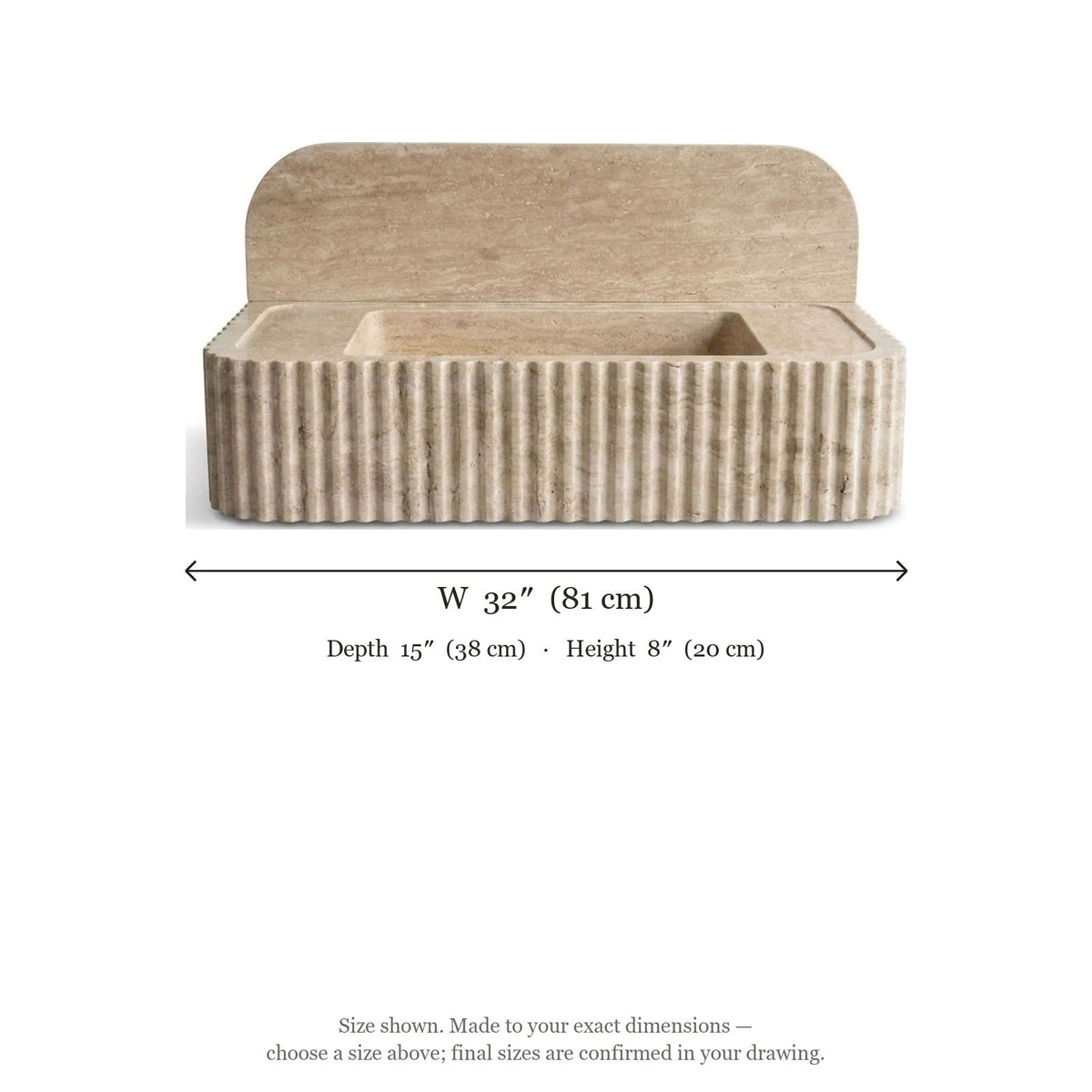 Polished Travertine Fluted Sink with Backsplash — dimensions — view 3