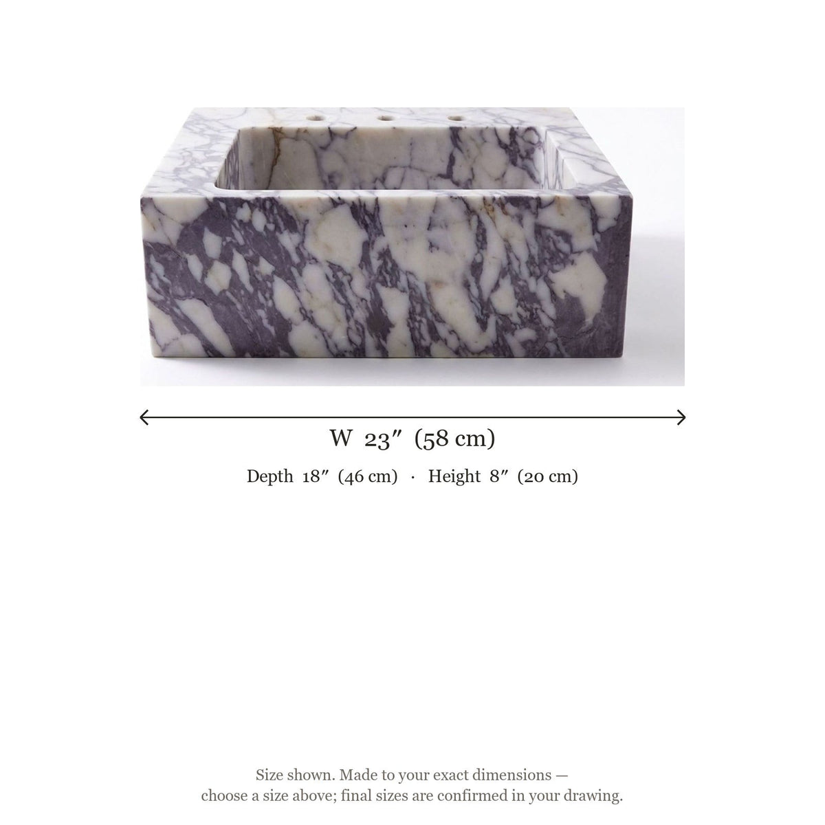 Calacatta Viola Honed Marble Sink with 3 Faucet Holes — dimensions — view 5