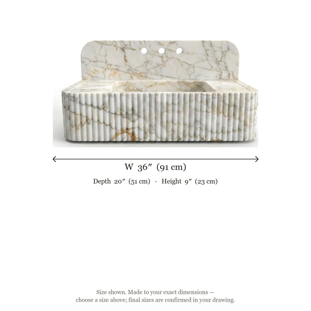 Calacatta Gold Fluted Marble Sink with Backsplash — dimensions — view 5