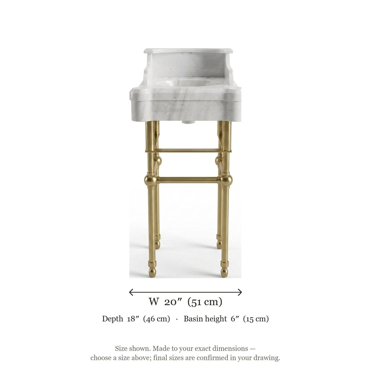 Carrara Marble Console Sink with Brass Stand and Backsplash — dimensions — view 5