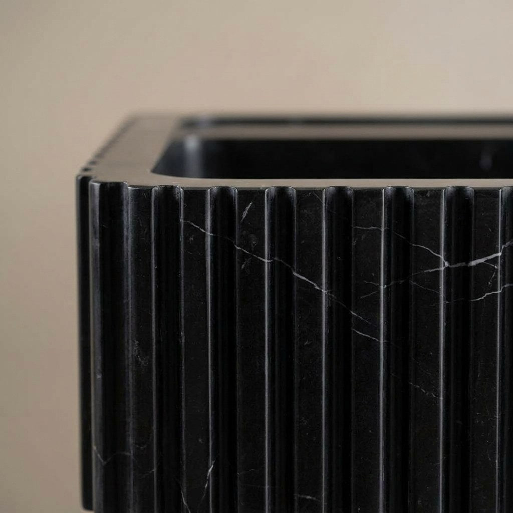 Nero Marquina Fluted Marble Sink with Brass Stand — marble detail — view 3