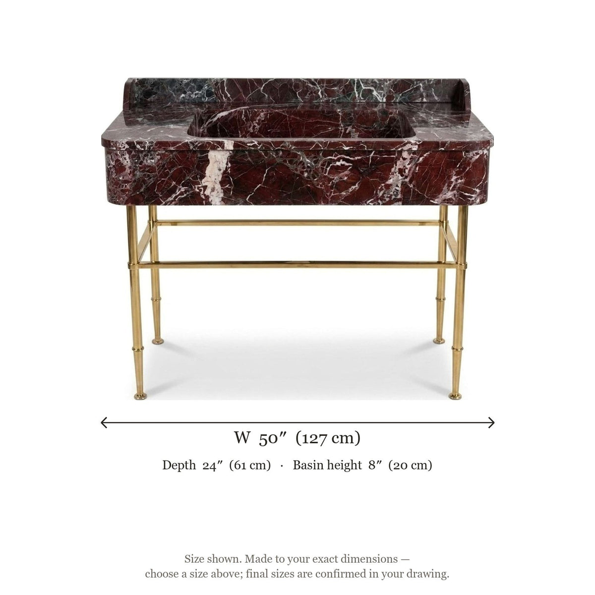 Rosso Levanto Honed Marble Sink with Brass Stand and Backsplash — dimensions — view 5