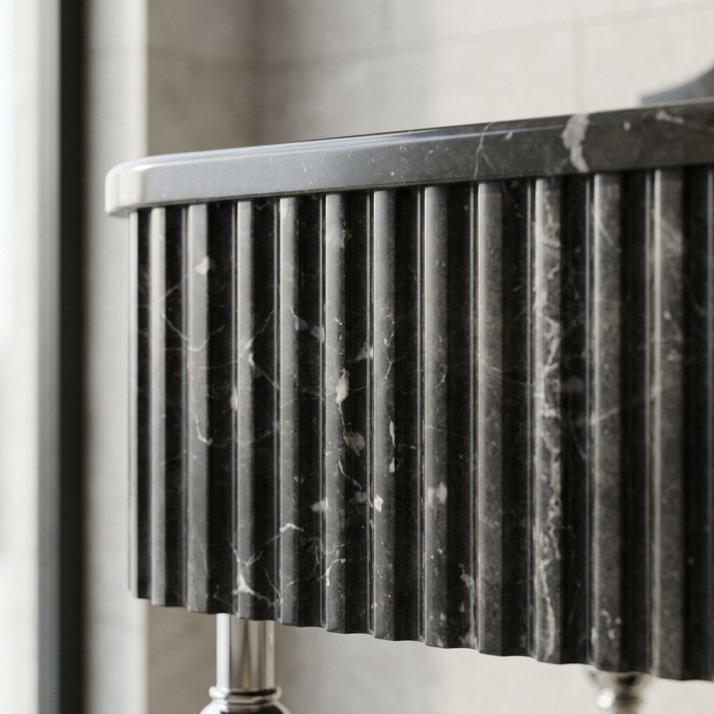 Pietra Notte Fluted Marble Sink with Metal Stand and Backsplash — marble detail — view 3