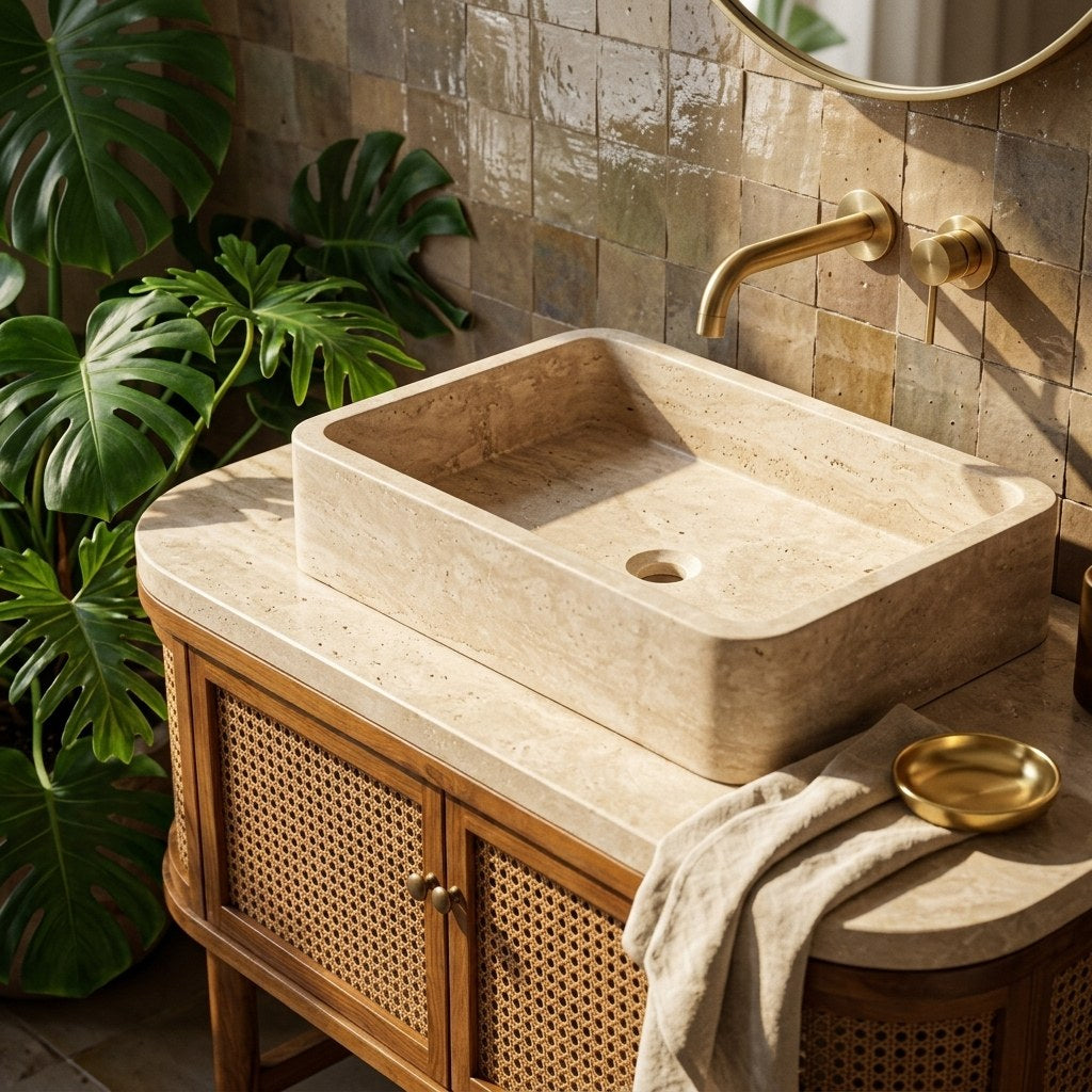 Polished Travertine Vessel Sink Bathroom Vanity — premium — view 2