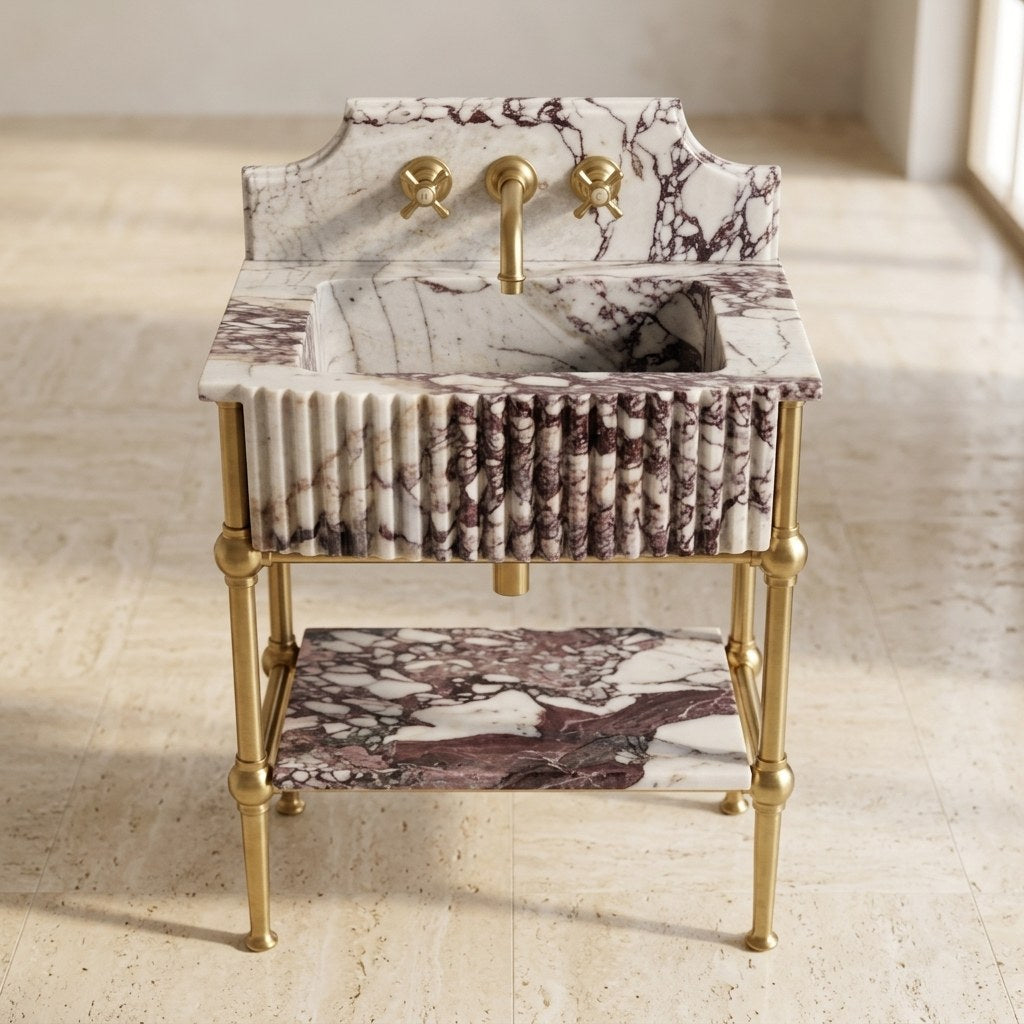 Calacatta Viola Fluted Marble Sink with Brass Stand and Backsplash — detail — view 3