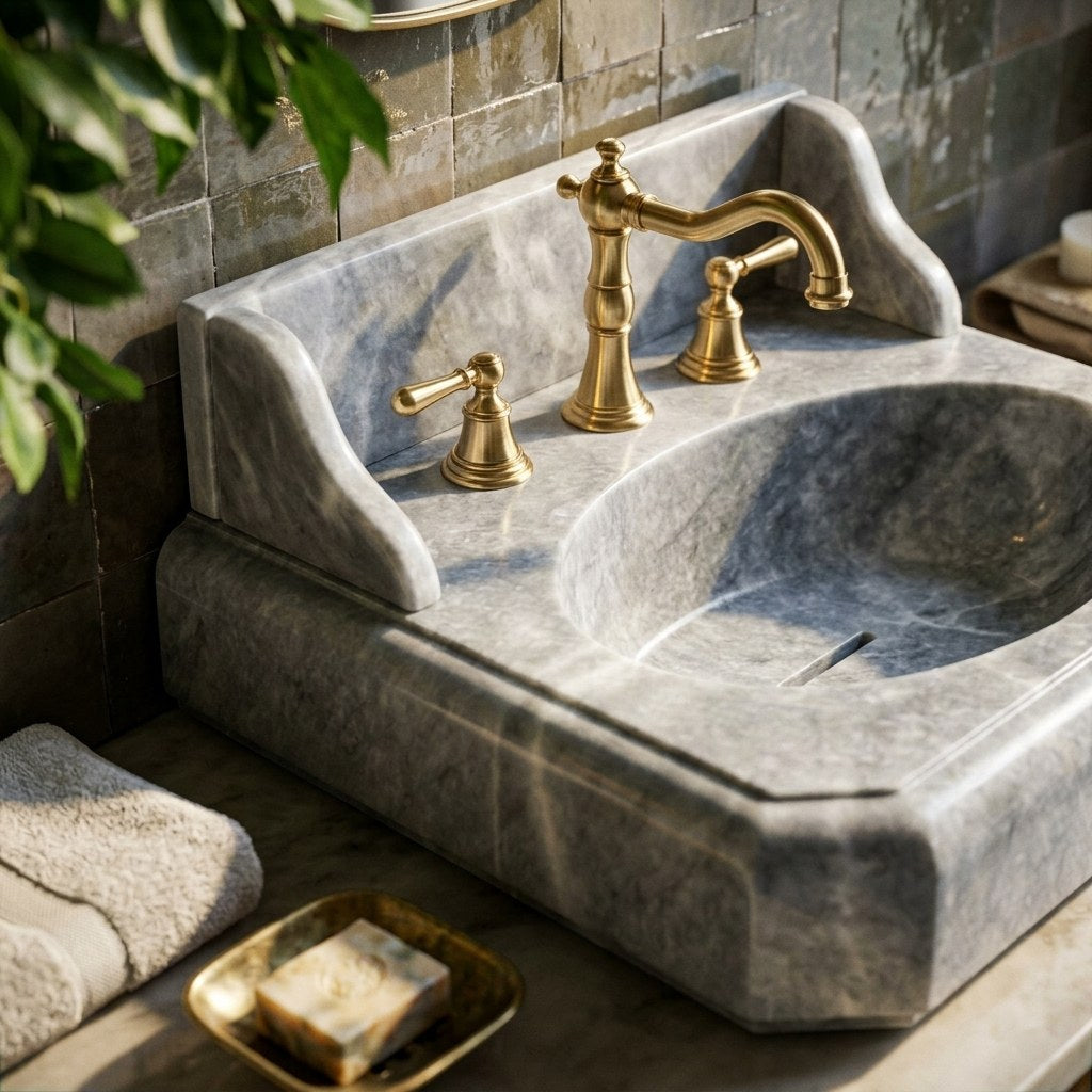 Grey Marble Sink with Integrated Backsplash — premium — view 2