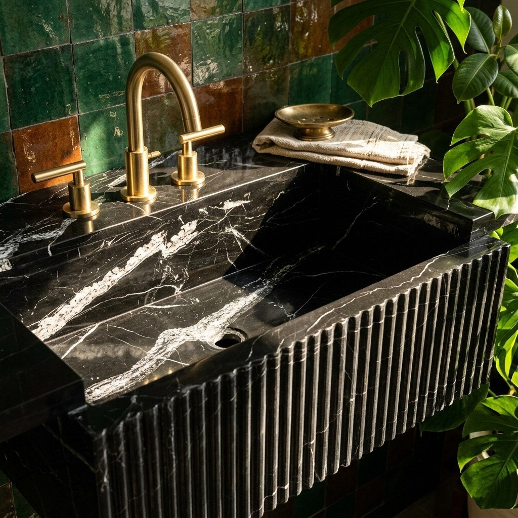 Nero Marquina Fluted Polished Marble Sink — premium — view 2