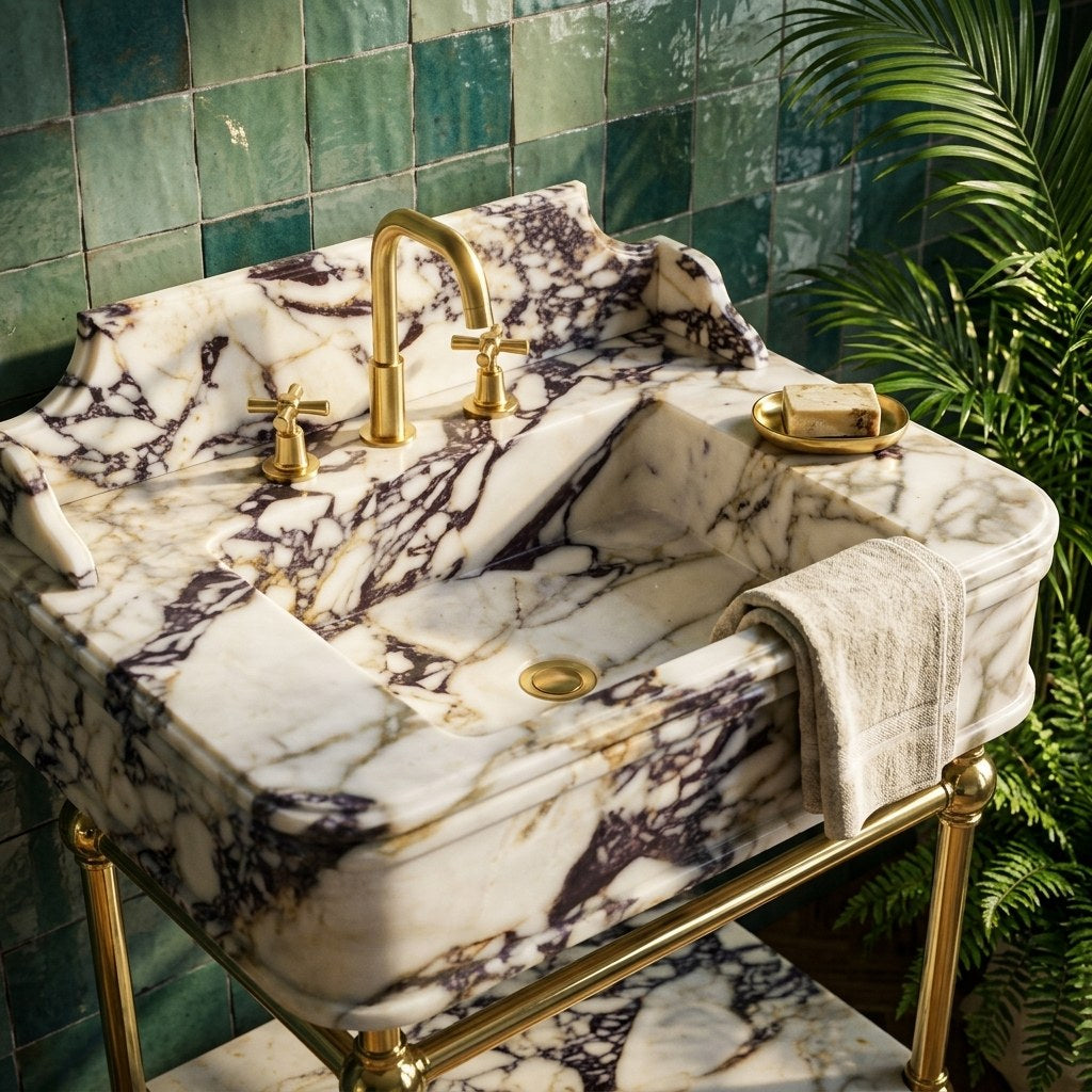 Calacatta Viola Marble Sink with Brass Stand and Backsplash — premium — view 2