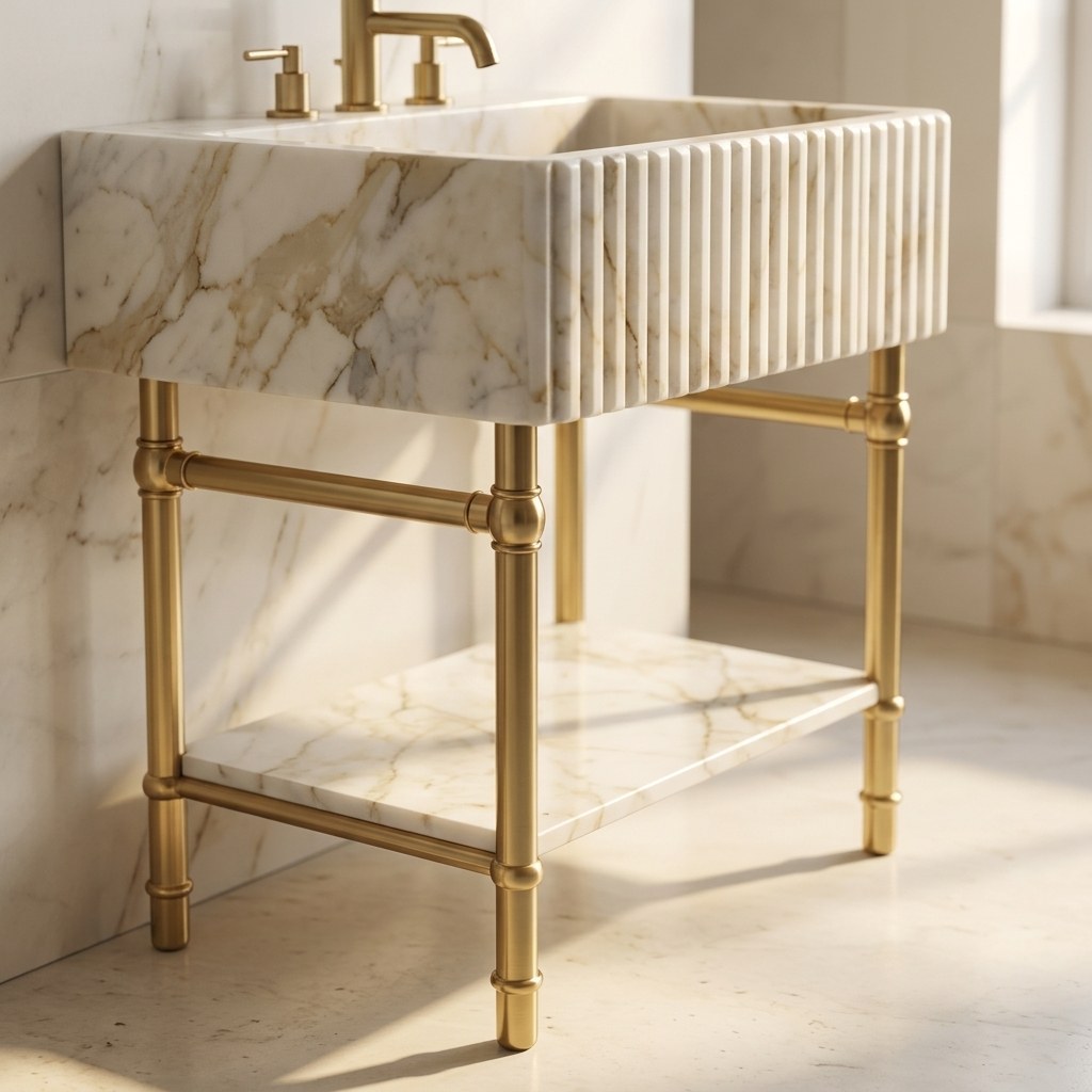 Calacatta Gold Fluted Marble Sink with Brass Stand — detail — view 4