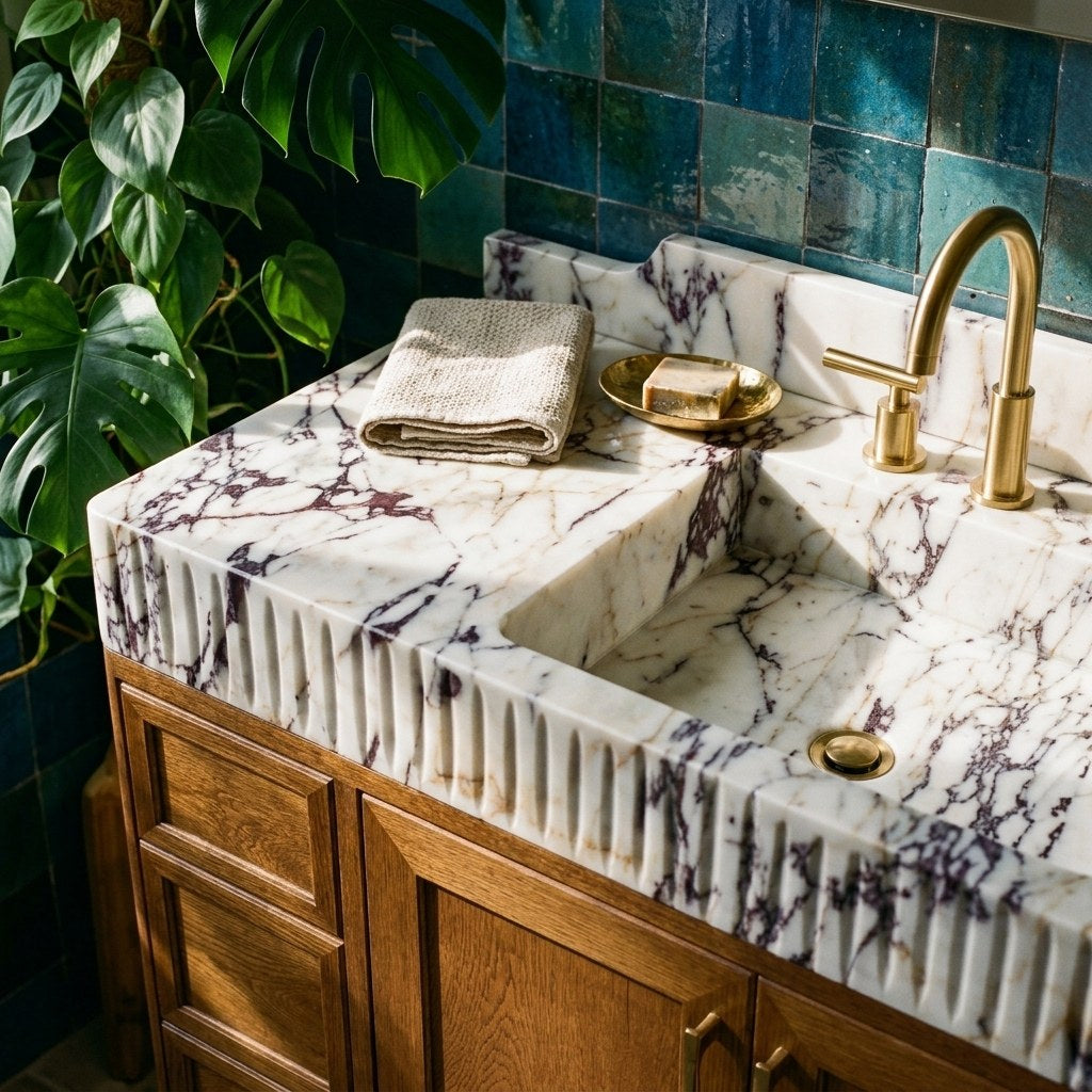 Calacatta Viola Fluted Marble Vanity with Backsplash — premium — view 2