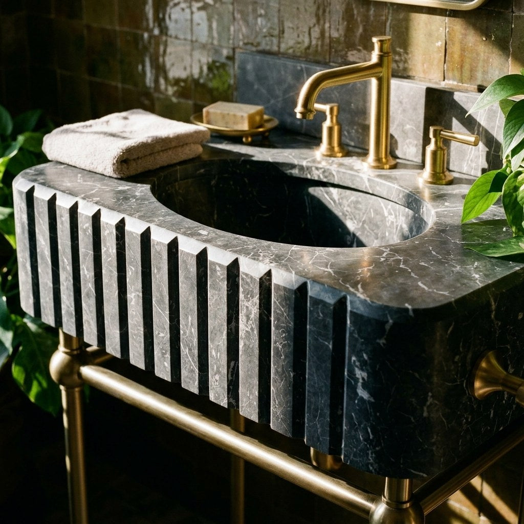Pietra Notte Fluted Marble Sink with Brass Stand — premium — view 2