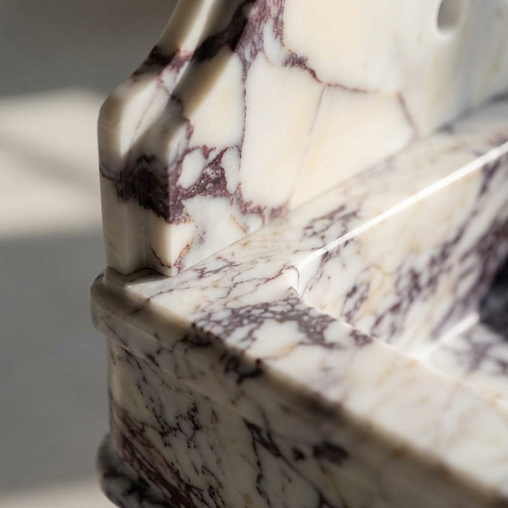Calacatta Viola Marble Sink with Brass Stand and Backsplash — marble detail — view 2