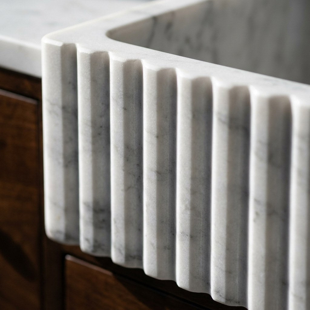 Carrara Fluted Marble Vanity with Wood Cabinet — marble detail — view 2