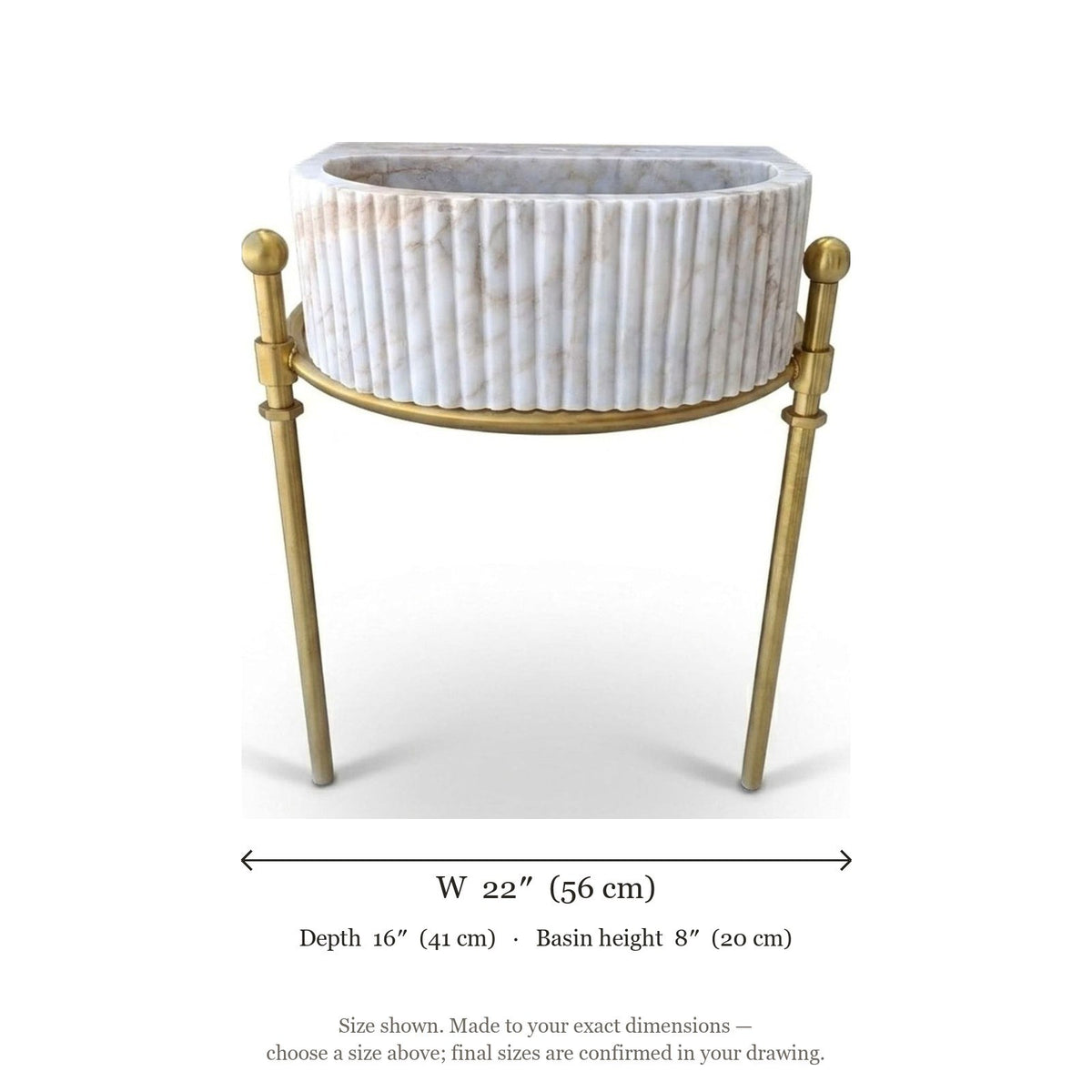 Calacatta Gold Fluted Marble Sink with Brass Stand — dimensions — view 5