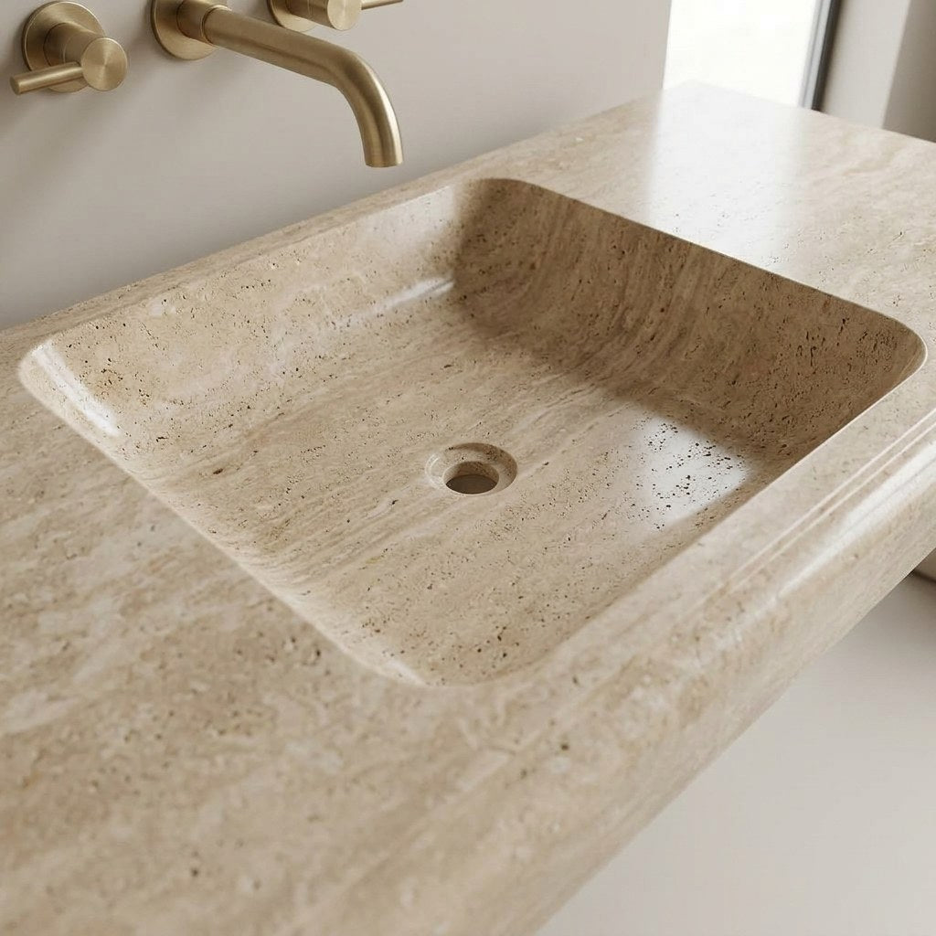 Polished Travertine Integrated Sink with Curved Profile — detail — view 3
