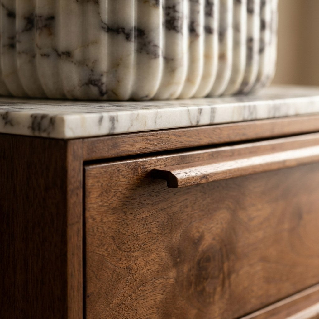 Calacatta Viola Fluted Marble Sink with Wood Vanity — detail — view 4