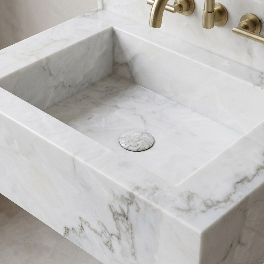 Polished Carrara Marble Sink with Backsplash — detail — view 4