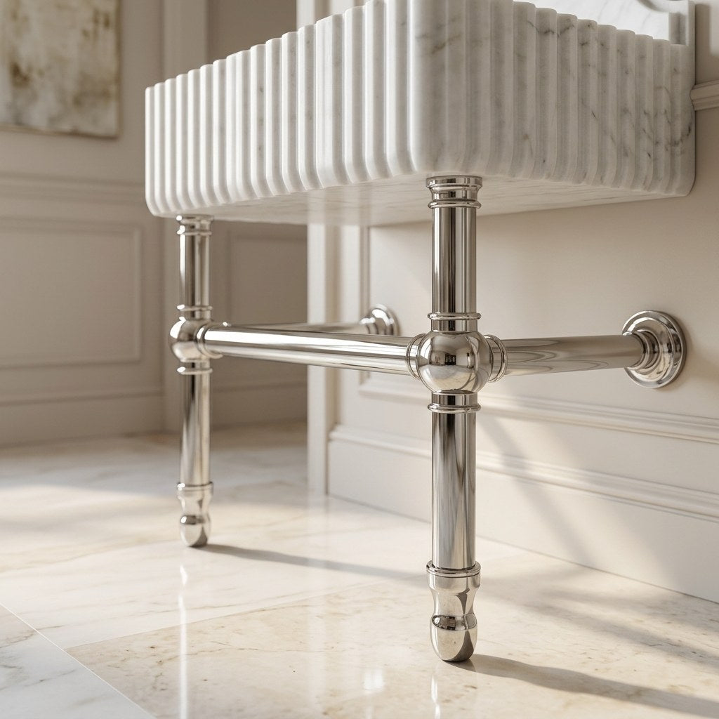 Carrara Fluted Marble Sink with Brushed Steel Stand — detail — view 4