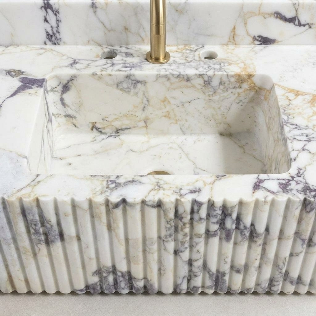 Calacatta Viola Fluted Marble Sink with Backsplash — detail — view 4
