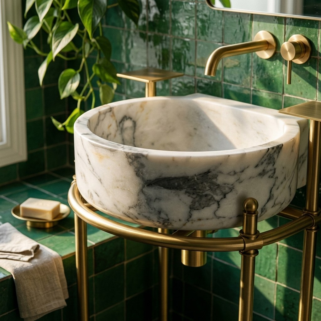Carrara Marble Round Sink with Brass Stand — premium — view 2