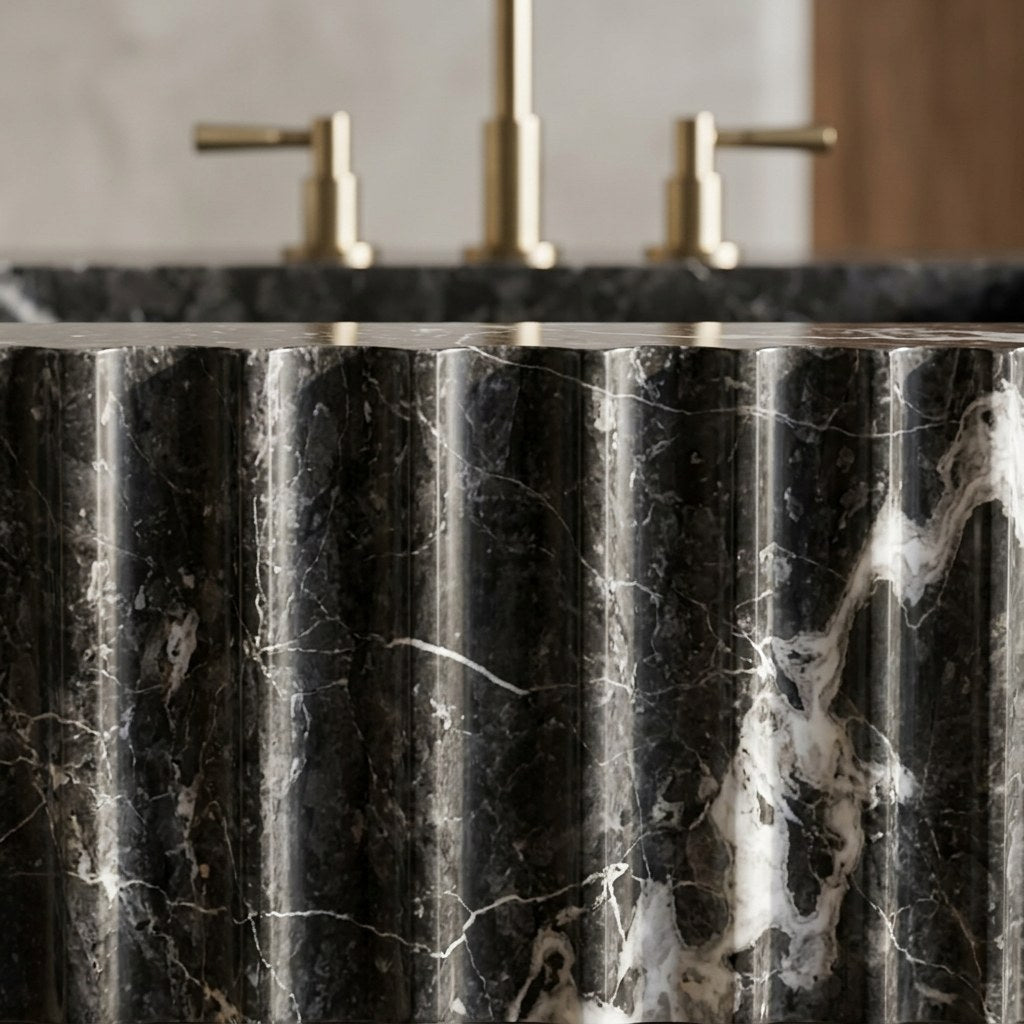 Pietra Notte Fluted Polished Marble Sink — marble detail — view 3